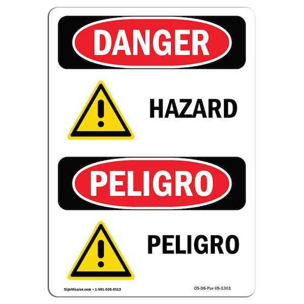 Safety Sign, OSHA Danger, 5" Height, Hazard, Bilingual Spanish, 10PK